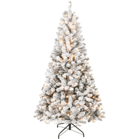 Artificial 5ft Flocked Christmas Tree with 407 PVC Branch Tips, 150L Warm white led, Round head, Foldable Base for Indoor Holiday Decorating