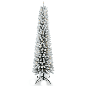 Artificial 5ft Flocked pencil Christmas Tree with 263 PVC Branch Tips, 100L Warm white led, Foldable Base for Indoor Holiday Decorating