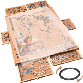 1500 Piece Rotating Wooden Jigsaw Puzzle Board - 34x26 Inch, Rotating Table With Cover,Portable Puzzle Organizer & Storage System